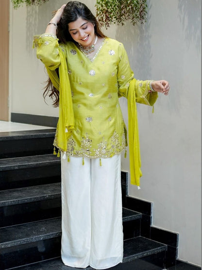 Lemon Yellow Embroidered Silk Suit Set