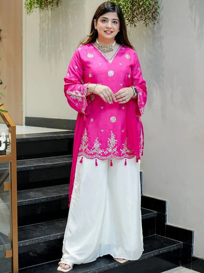 Pink Embroidered Silk Suit Set