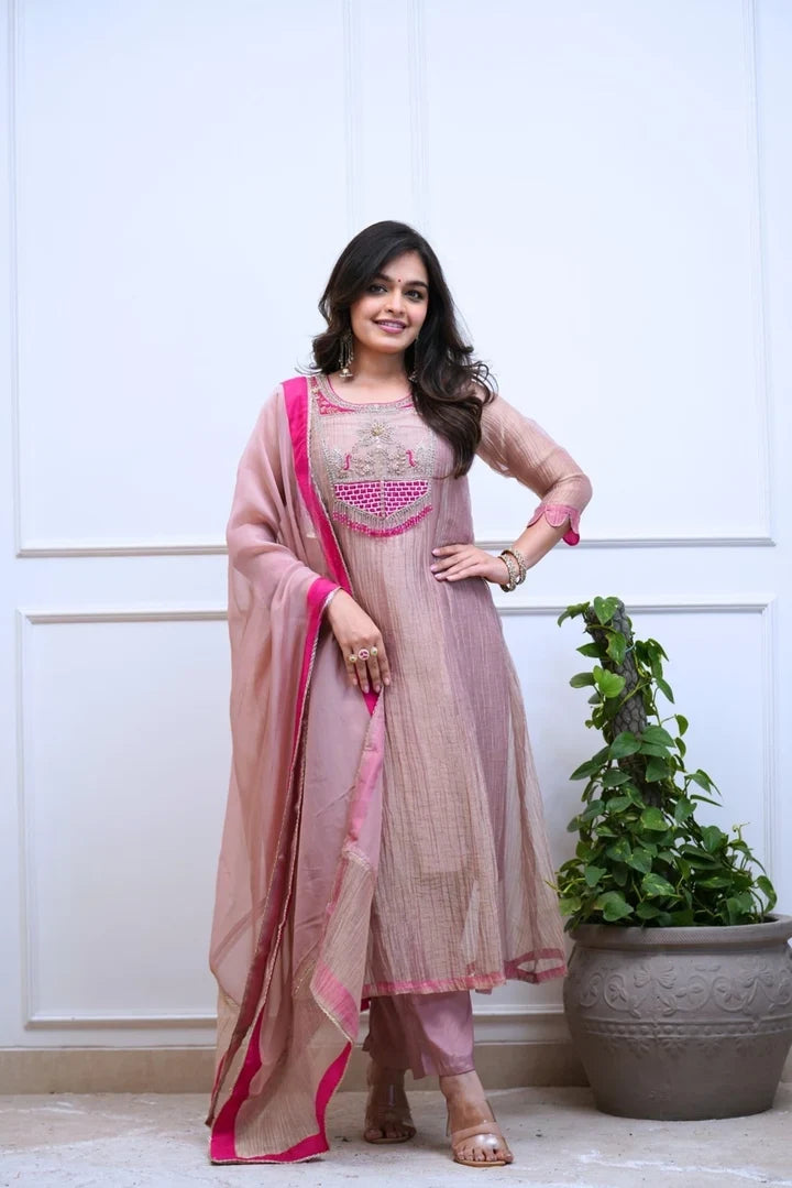 Women’s Lilac Pink Traditional Anarkali Set with Embroidered Kurta, Pants & Dupatta
