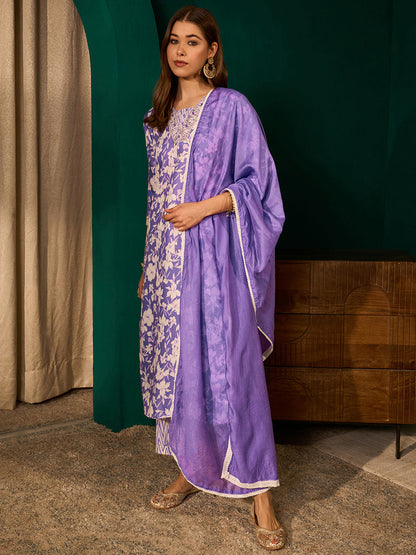 Lavender Rayon Embroidered Kurta Set