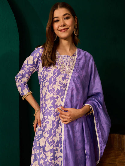Lavender Rayon Embroidered Kurta Set
