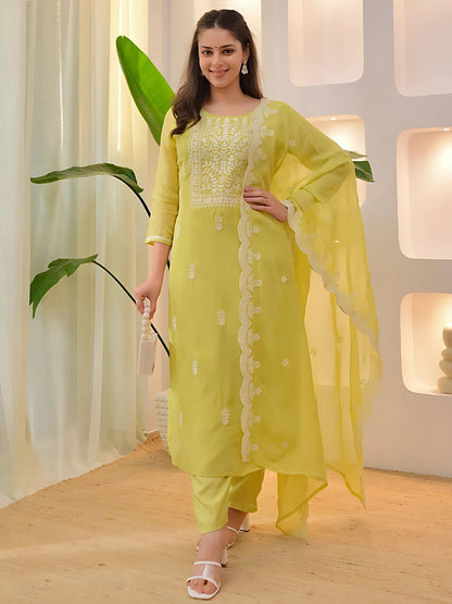 Lemon Silk Blend Embroidered Kurta Set