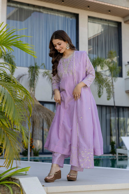 Purple Vichitra Embroidered Kurta Set