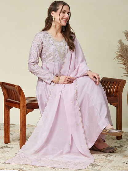 Pink Embroidered Vichitra Silk Flared Kurta Set