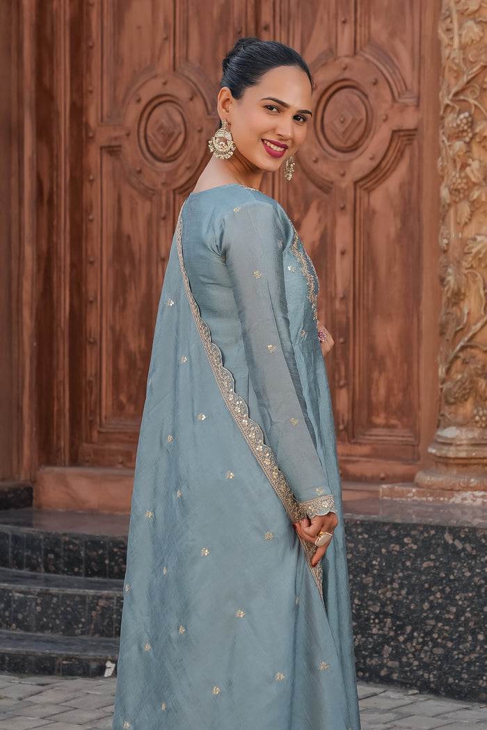 Grey Embroidered Vichitra Silk Anarkali Suit Set