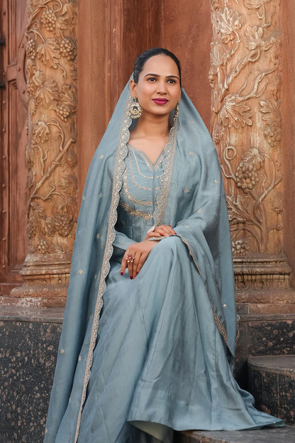 Grey Embroidered Vichitra Silk Anarkali Suit Set