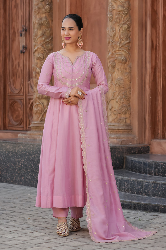 Pink Embroidered Vichitra Silk Anarkali Suit Set