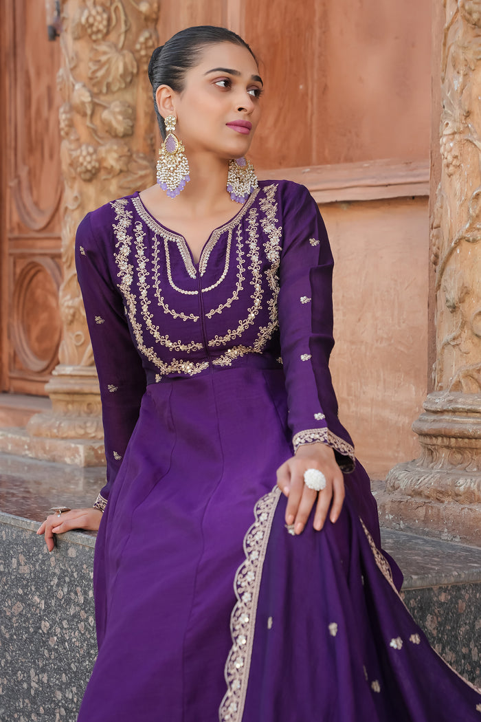 Wine Embroidered Vichitra Silk  Anarkali Suit Set