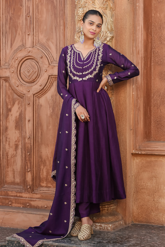 Wine Embroidered Vichitra Silk  Anarkali Suit Set