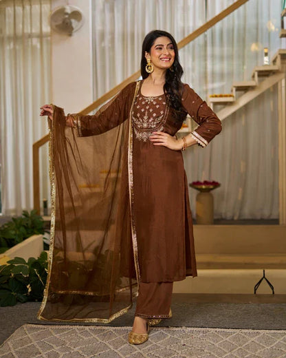 Rich Coffee Brown Vichitra Silk Embroidered Salwar Suite