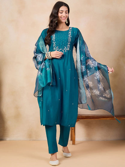 Rama Green Embroidered Chanderi Kurta Pant Set
