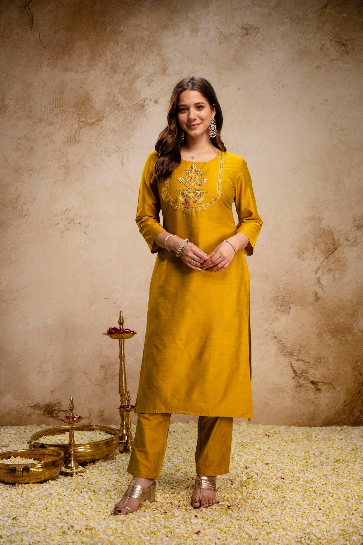 Mustard Yellow Embroidered Kurta Pant Set