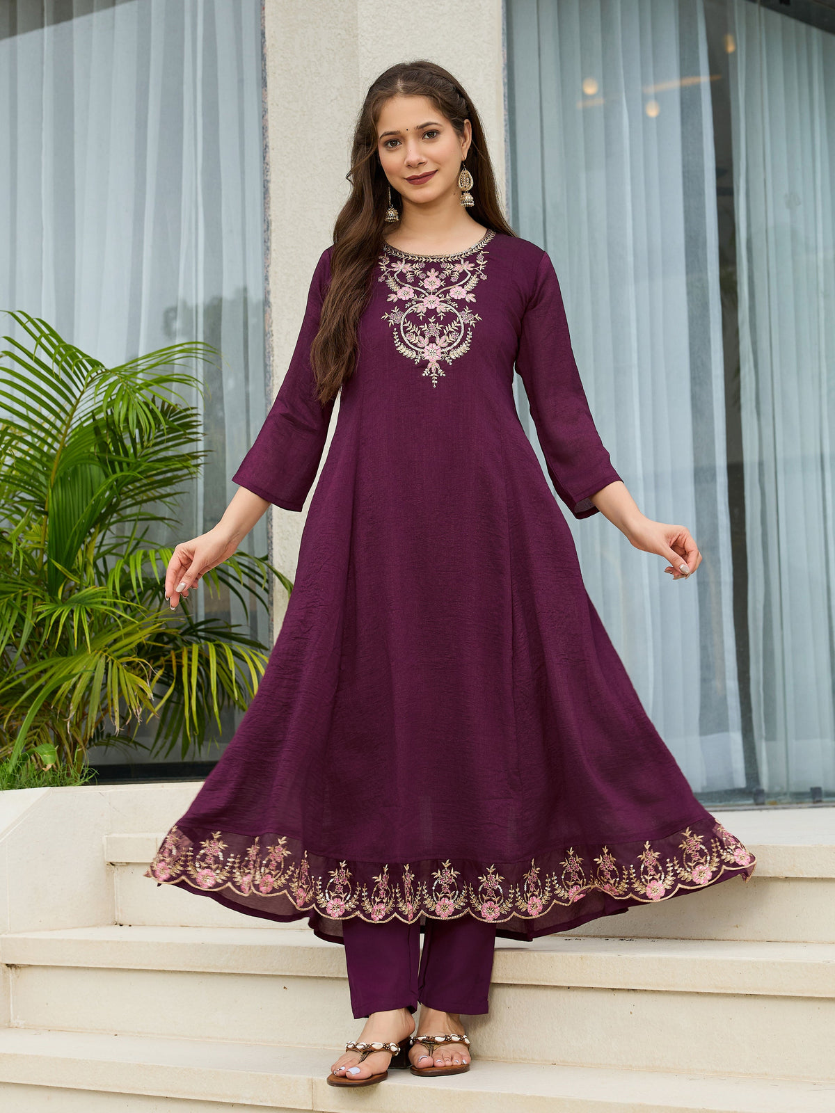 Noorika Plum Embroidered Anarkali Kurta Set