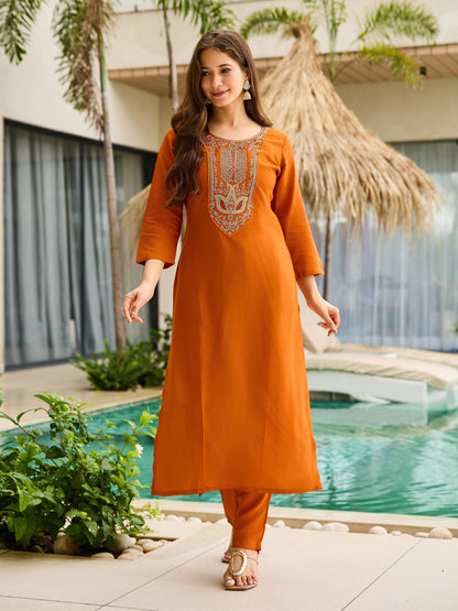 Sunset Aura Orange Viscose Silk Suit Sets