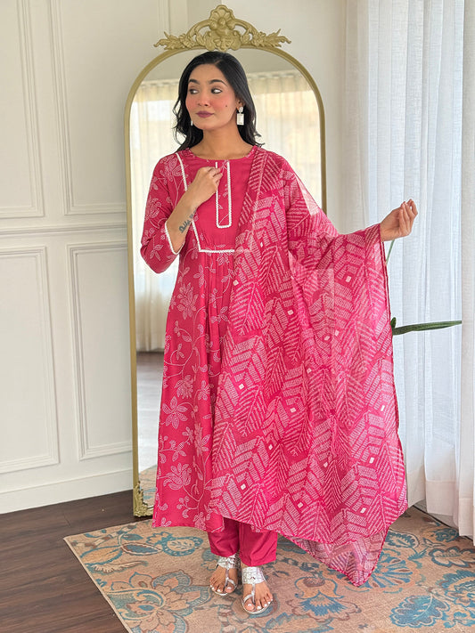 Rani Pink Printed Cotton Flared Kurta Pant Set