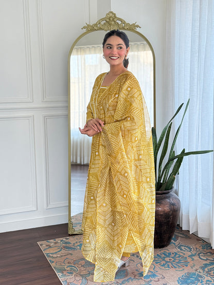 Mustard Yellow Printed Cotton Kurta Pant Set