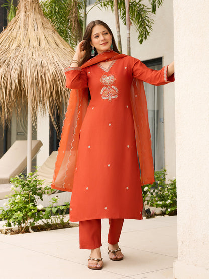Rust Orange Solid Straight Salwar Suit Set