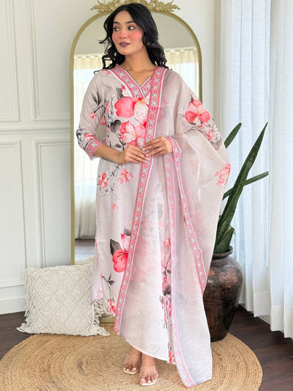 White Floral Printed Cotton Kurta Pant Set