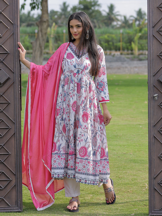 Cream Floral Printed Nyra Cut Anarkali Set