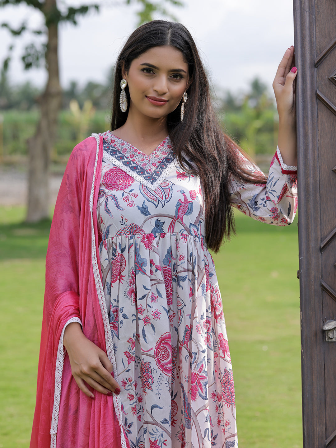 Cream Floral Printed Nyra Cut Anarkali Set