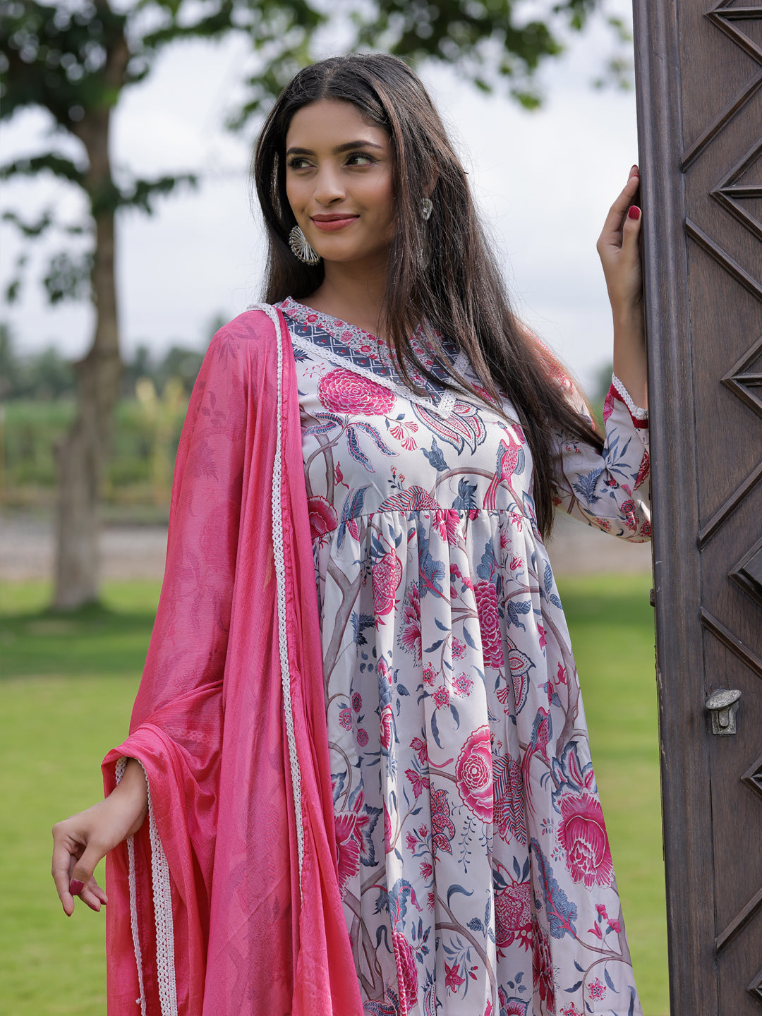 Cream Floral Printed Nyra Cut Anarkali Set