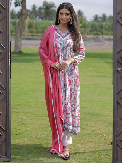 Cream Floral Printed Nyra Cut Anarkali Set