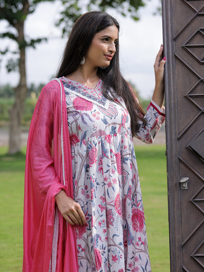 Cream Floral Printed Nyra Cut Anarkali Set