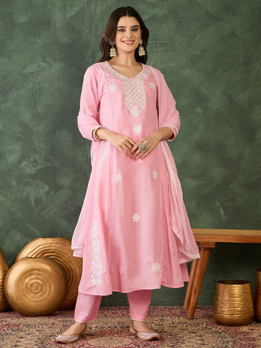 Gulnaar Blush Peach Embroidered  Cotton Kurta Pant