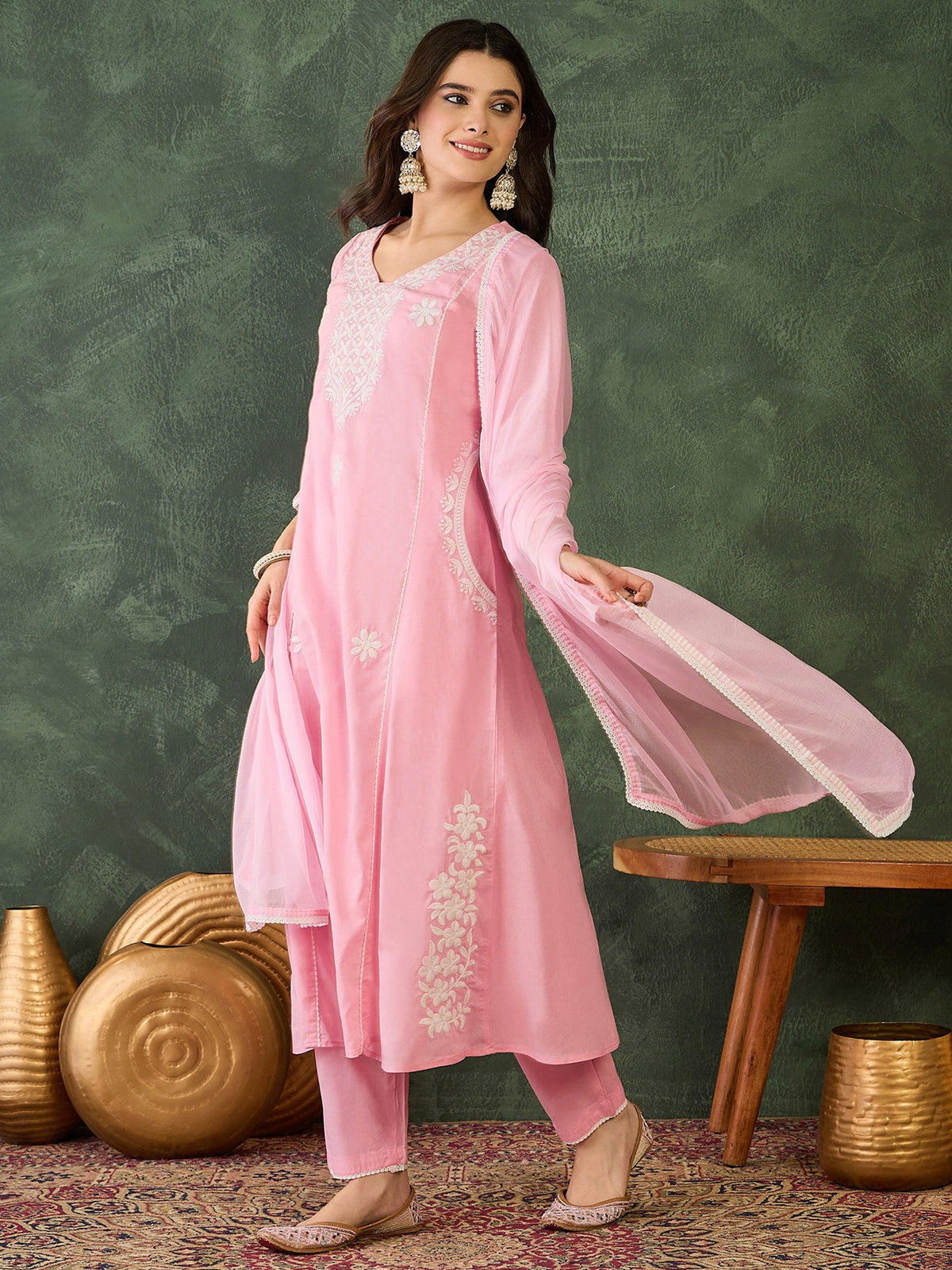 Gulnaar Blush Peach Embroidered  Cotton Kurta Pant