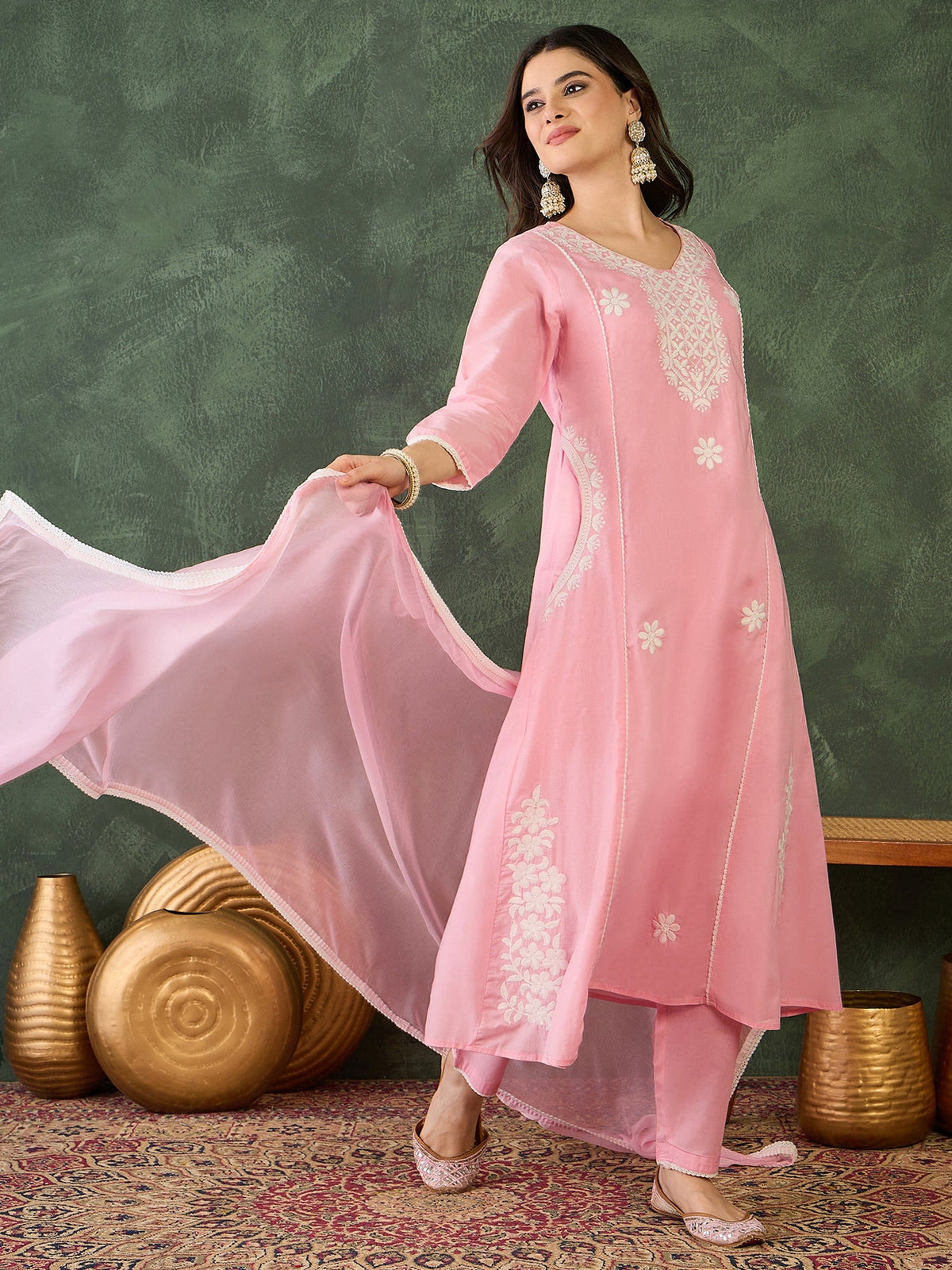 Gulnaar Blush Peach Embroidered  Cotton Kurta Pant