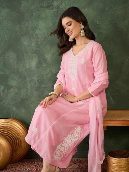 Gulnaar Blush Peach Embroidered  Cotton Kurta Pant