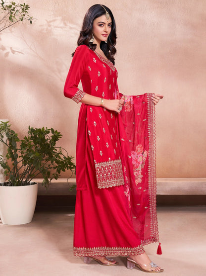 Red Embroidered Kurta Sharara Set