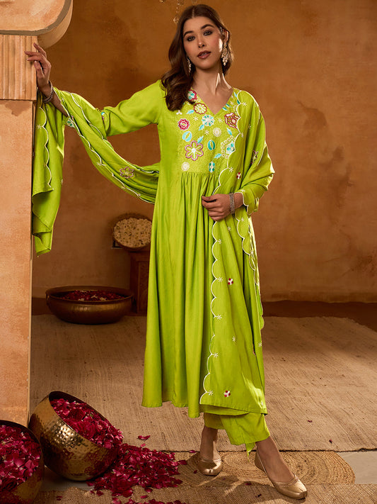 Liril Lime Green Embroidered Anarkali Kurta Set