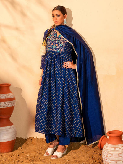 Blue Foil Printed Flared Anarkali Kurta Set