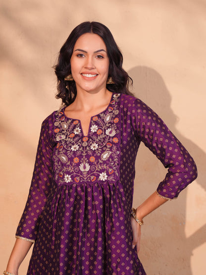 Wine Printed Flared Anarkali Kurta Set