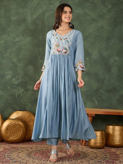Sky Blue Embroidered Anarkali Set