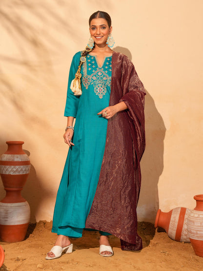 Firozi Blue Silk Embroidered Suit Sets