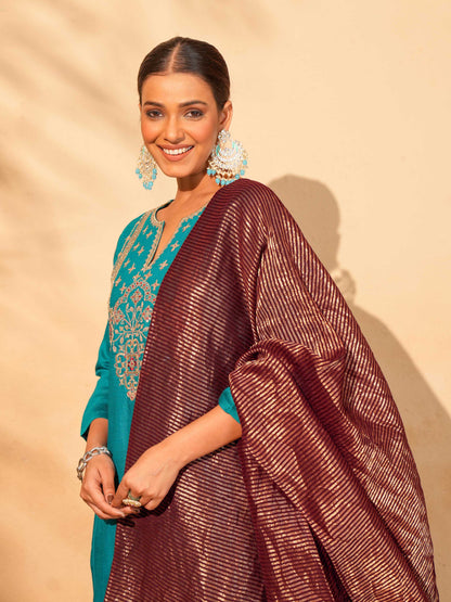 Firozi Blue Silk Embroidered Suit Sets