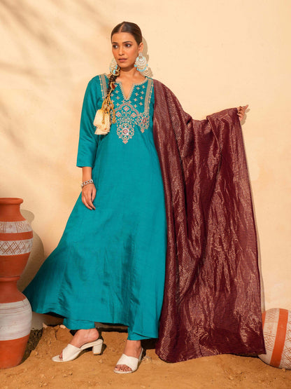 Firozi Blue Silk Embroidered Suit Sets