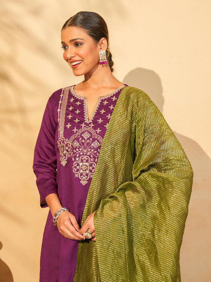 Wine Silk Embroidered Suit Sets