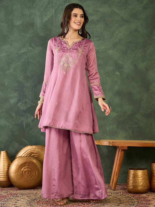 Onion Pink Silk Embroidered Sharara Set