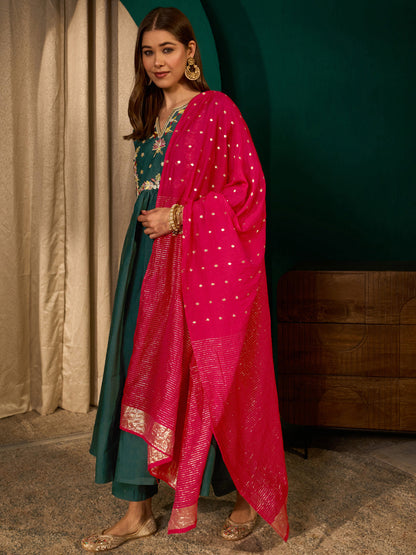 Dark Green Silk Flared Anarkali Kurta Set