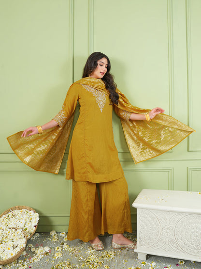Mustard Yellow Silk Embroidered Sharara Suit Set