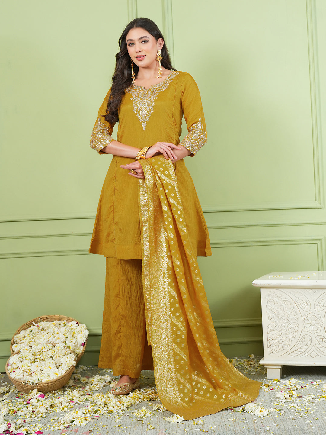 Mustard Yellow Silk Embroidered Sharara Suit Set