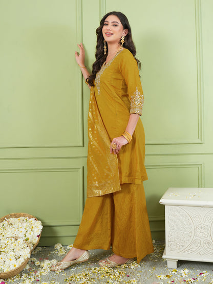 Mustard Yellow Silk Embroidered Sharara Suit Set