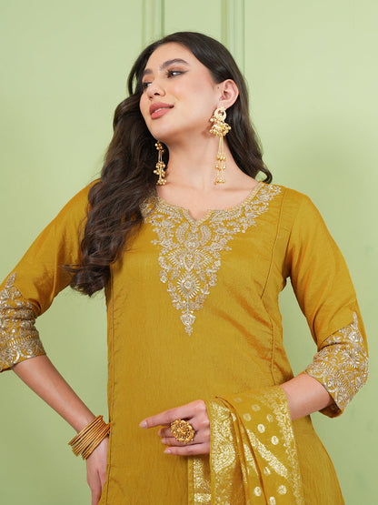 Mustard Yellow Silk Embroidered Sharara Suit Set