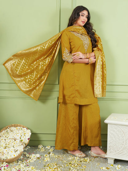 Mustard Yellow Silk Embroidered Sharara Suit Set
