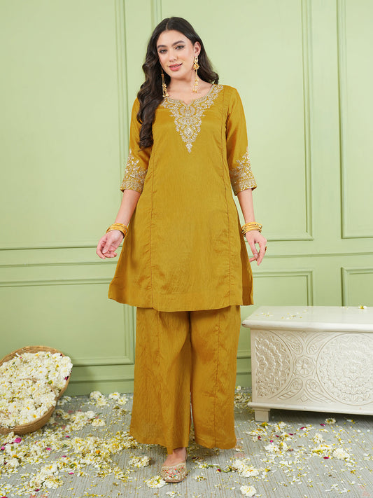 Mustard Yellow Silk Embroidered Sharara Suit Set