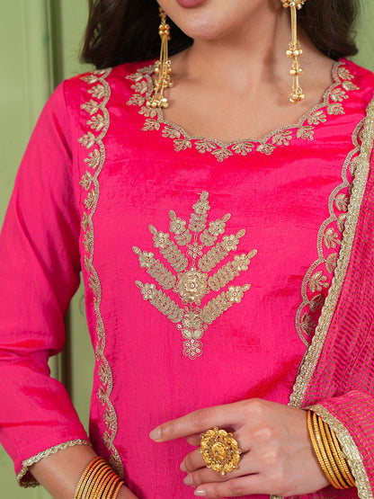 Deep Gajari Silk Embroidered Sharara Suit Set