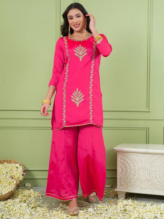 Deep Gajari Silk Embroidered Sharara Suit Set
